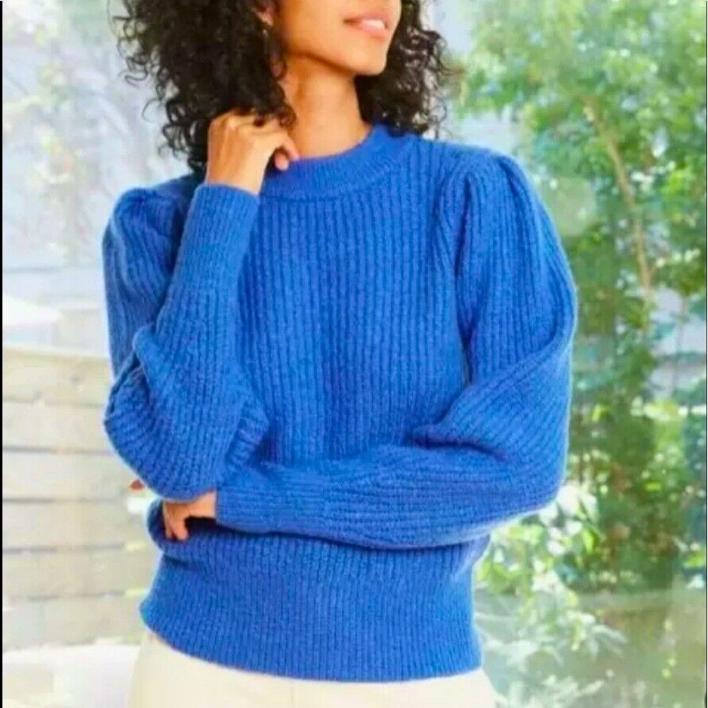 Mock Neck Sweater Puff Sleeve Blue Knit Long Top Casual Cozy Cottagecore